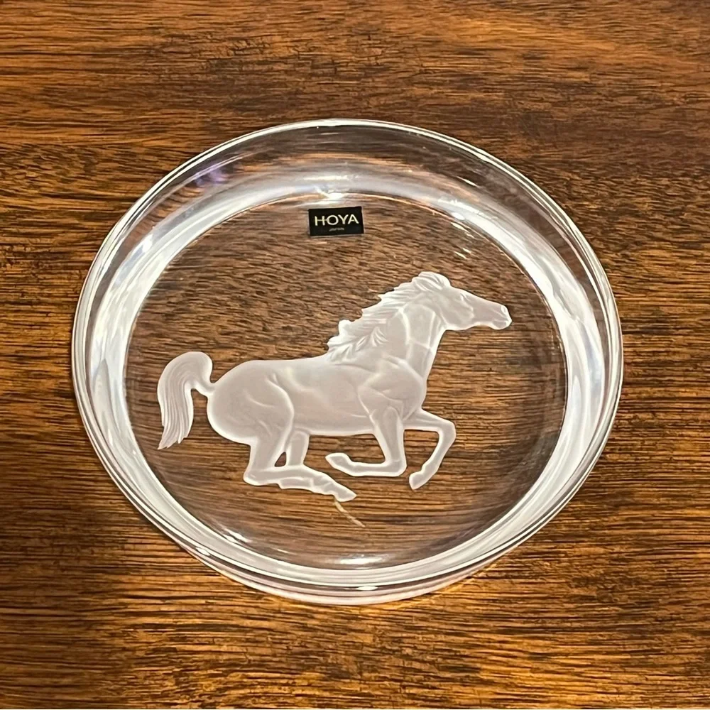 Hoya Etched Crystal Intaglio Prancing Horse Wine Bottle Coaster or Plate